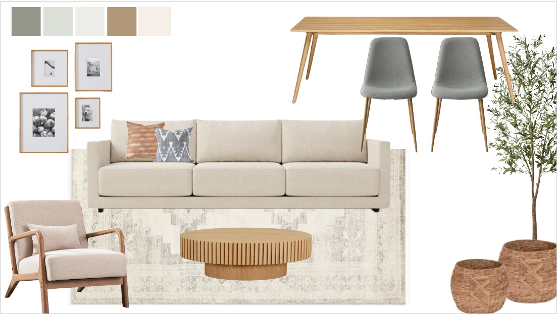 Inspiration board for a living and dining room — palette, sofa, armchair, rug, dining table and accessories